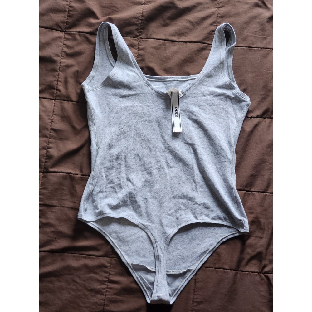 NWT PINK by Victoria's Secret bodysuit heather gray & scoop neck. 100% Cotton. L